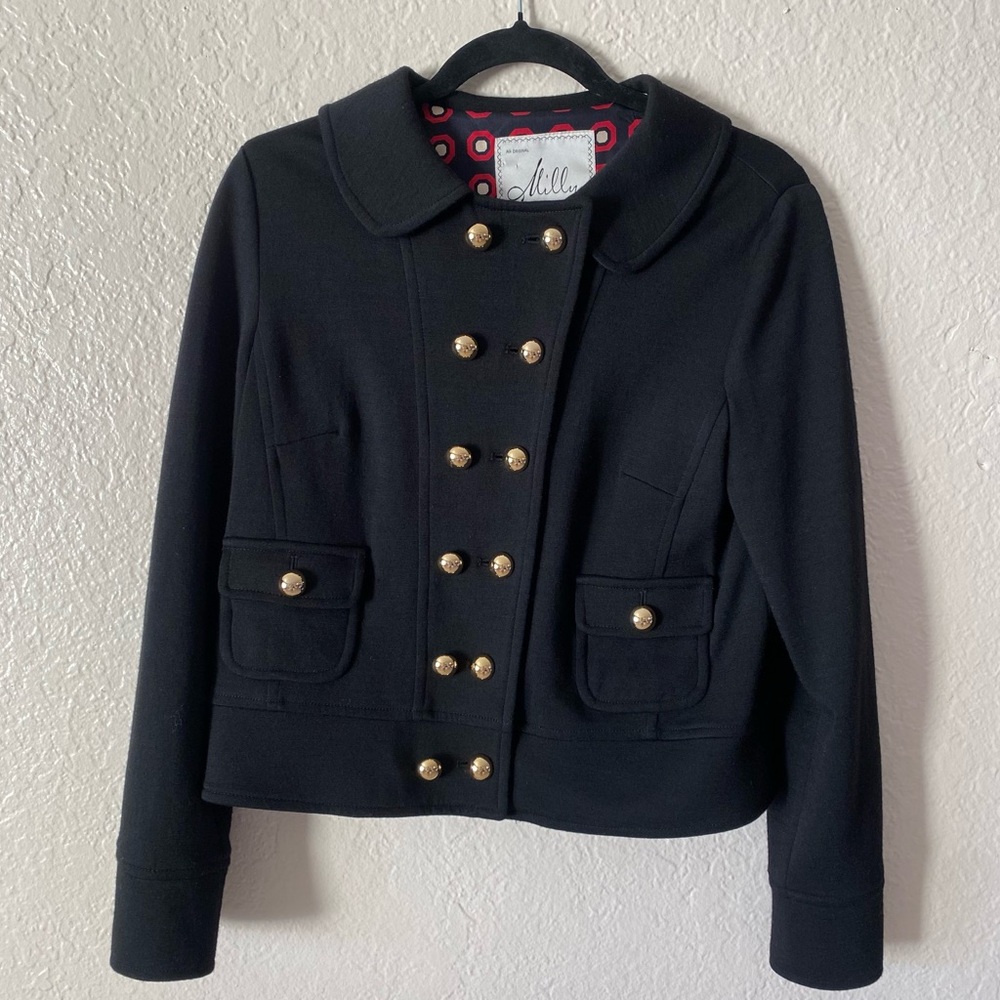 Milly Wool Melangé Military Blazer Size S Black Gold Button Details Silk Classic - Picture 2 of 9